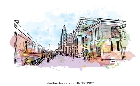 Construir vistas con un punto de referencia de Barnaul es la mayor ciudad y centro administrativo de Rusia. Salto de color de agua con ilustración de esbozo dibujada a mano en vector.