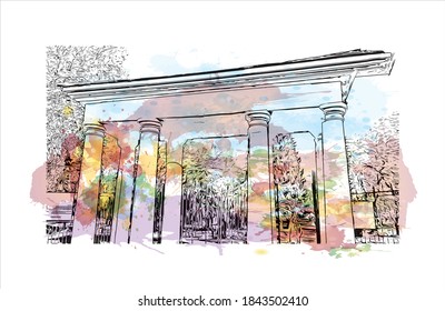 Building view with landmark of Barnaul is the largest city and administrative center of Russia. Watercolor splash with hand drawn sketch illustration in vector.