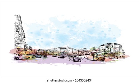 Construir vistas con un punto de referencia de Barnaul es la mayor ciudad y centro administrativo de Rusia. Salto de color de agua con ilustración de esbozo dibujada a mano en vector.