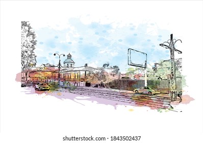 Building view with landmark of Barnaul is the largest city and administrative center of Russia. Watercolor splash with hand drawn sketch illustration in vector.