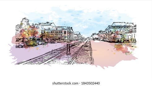 Construir vistas con un punto de referencia de Barnaul es la mayor ciudad y centro administrativo de Rusia. Salto de color de agua con ilustración de esbozo dibujada a mano en vector.