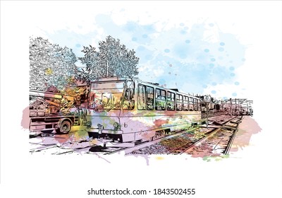 Building view with landmark of Barnaul is the largest city and administrative center of Russia. Watercolor splash with hand drawn sketch illustration in vector.