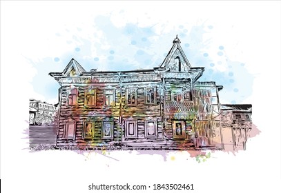 Building view with landmark of Barnaul is the largest city and administrative center of Russia. Watercolor splash with hand drawn sketch illustration in vector.