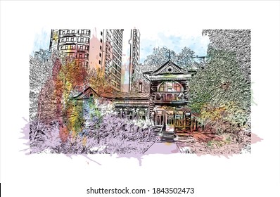 Building view with landmark of Barnaul is the largest city and administrative center of Russia. Watercolor splash with hand drawn sketch illustration in vector.