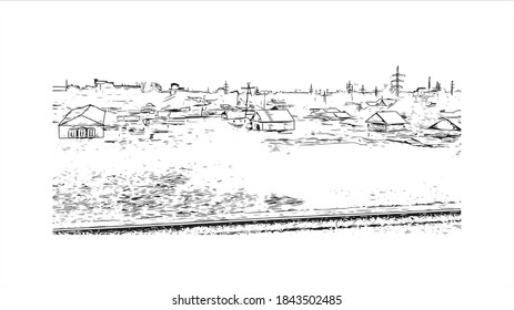 Construir vistas con un punto de referencia de Barnaul es la mayor ciudad y centro administrativo de Rusia. Dibujo a mano de ilustración de esbozo en vector.