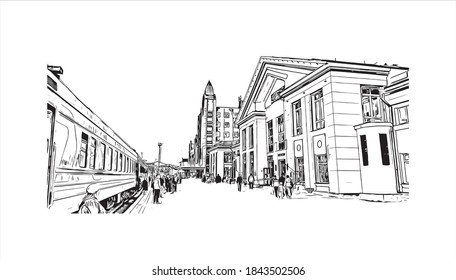 Building view with landmark of Barnaul is the largest city and administrative center of Russia. Hand drawn sketch illustration in vector.
