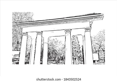 Construir vistas con un punto de referencia de Barnaul es la mayor ciudad y centro administrativo de Rusia. Dibujo a mano de ilustración de esbozo en vector.