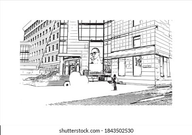 Construir vistas con un punto de referencia de Barnaul es la mayor ciudad y centro administrativo de Rusia. Dibujo a mano de ilustración de esbozo en vector.