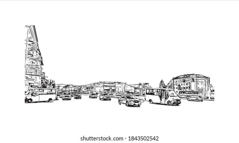 Construir vistas con un punto de referencia de Barnaul es la mayor ciudad y centro administrativo de Rusia. Dibujo a mano de ilustración de esbozo en vector.