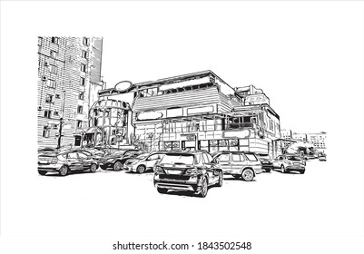 Construir vistas con un punto de referencia de Barnaul es la mayor ciudad y centro administrativo de Rusia. Dibujo a mano de ilustración de esbozo en vector.