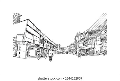 Building view with landmark of Barrackpore is a city in the West Bengal state of India. Hand drawn sketch illustration in vector.