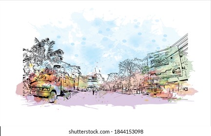 Building view with landmark of Barrackpore is a city in the West Bengal state of India. Watercolor splash with hand drawn sketch illustration in vector.