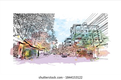 Building view with landmark of Barrackpore is a city in the West Bengal state of India. Watercolor splash with hand drawn sketch illustration in vector.