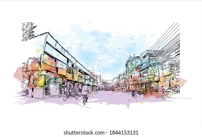 Building view with landmark of Barrackpore is a city in the West Bengal state of India. Watercolor splash with hand drawn sketch illustration in vector.