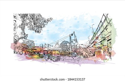 Building view with landmark of Barrackpore is a city in the West Bengal state of India. Watercolor splash with hand drawn sketch illustration in vector.