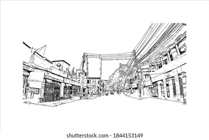 Building view with landmark of Barrackpore is a city in the West Bengal state of India. Watercolor splash with hand drawn sketch illustration in vector.