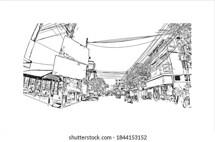 Der Bau mit Wahrzeichen von Barrackpore ist eine Stadt im Bundesstaat Westbengalen. Aquarellspritzer mit handgezeichneter Skizzengrafik in Vektorgrafik.