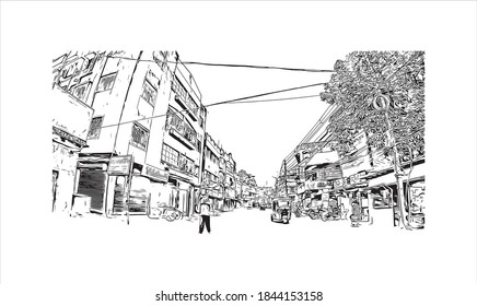 Building view with landmark of Barrackpore is a city in the West Bengal state of India. Hand drawn sketch illustration in vector.