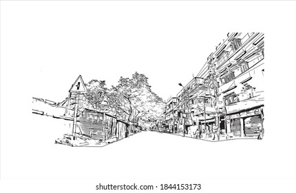 Building view with landmark of Barrackpore is a city in the West Bengal state of India. Hand drawn sketch illustration in vector.