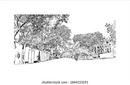 Construir vistas con un punto de referencia de Barrackpore es una ciudad en el estado de Bengala Occidental de la India. Dibujo a mano de ilustración de esbozo en vector.