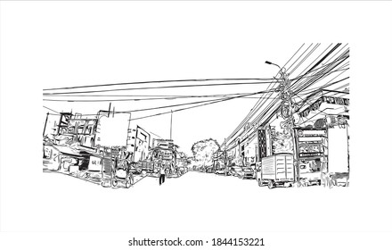 Building view with landmark of Barrackpore is a city in the West Bengal state of India. Hand drawn sketch illustration in vector.
