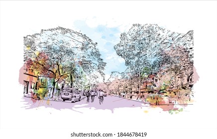 Building view with landmark of Barrackpore is a city in the West Bengal state of India. Watercolor splash with hand drawn sketch illustration in vector.