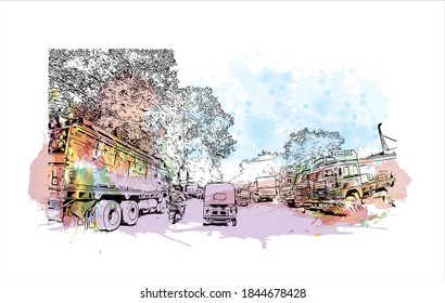 Building view with landmark of Barrackpore is a city in the West Bengal state of India. Watercolor splash with hand drawn sketch illustration in vector.