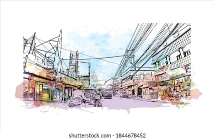 Building view with landmark of Barrackpore is a city in the West Bengal state of India. Watercolor splash with hand drawn sketch illustration in vector.