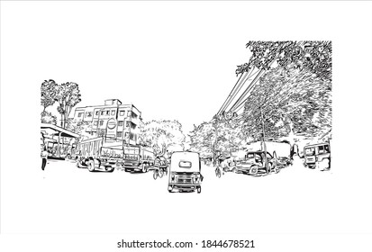 Building view with landmark of Barrackpore is a city in the West Bengal state of India. Hand drawn sketch illustration in vector.