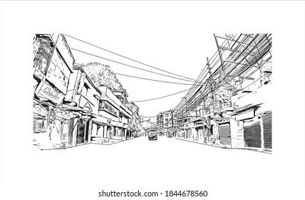 Building view with landmark of Barrackpore is a city in the West Bengal state of India. Hand drawn sketch illustration in vector.