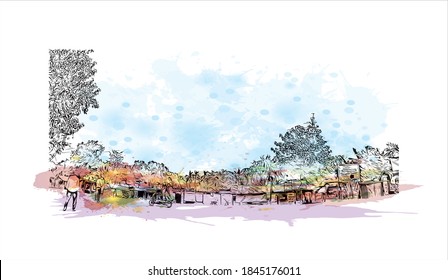 Building view with landmark of Barrackpore is a city in the West Bengal state of India. Watercolor splash with hand drawn sketch illustration in vector.