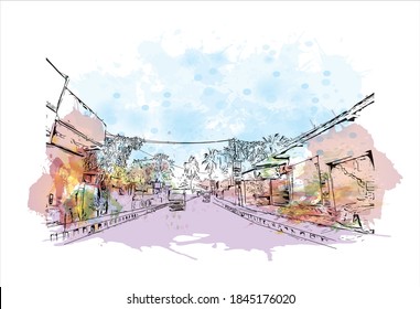 Building view with landmark of Barrackpore is a city in the West Bengal state of India. Watercolor splash with hand drawn sketch illustration in vector.