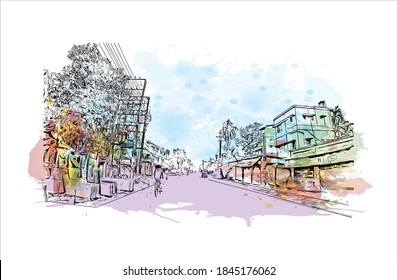 Building view with landmark of Barrackpore is a city in the West Bengal state of India. Watercolor splash with hand drawn sketch illustration in vector.