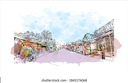 Building view with landmark of Barrackpore is a city in the West Bengal state of India. Watercolor splash with hand drawn sketch illustration in vector.