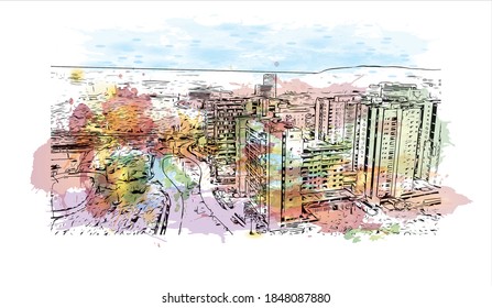 Building view with landmark of Barranquilla is the capital district of Atlantico Department in Colombia. Watercolor splash with hand drawn sketch illustration in vector.