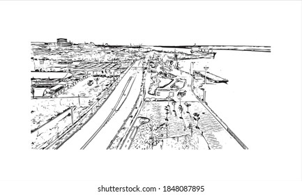 Building view with landmark of Barranquilla is the capital district of Atlantico Department in Colombia. Hand drawn sketch illustration in vector.