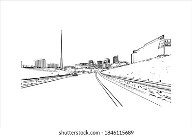Building view with landmark of Barrie is a city and manifesting regional centre in Canada. Hand drawn sketch illustration in vector.