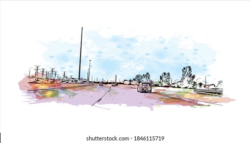 Building view with landmark of Barrie is a city and manifesting regional centre in Canada. Watercolor splash with hand drawn sketch illustration in vector.