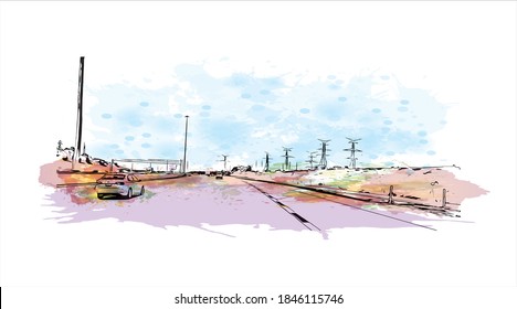 Building view with landmark of Barrie is a city and manifesting regional centre in Canada. Watercolor splash with hand drawn sketch illustration in vector.