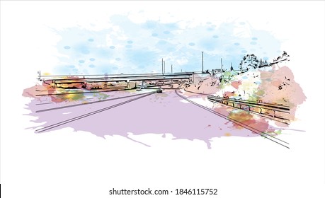 Building view with landmark of Barrie is a city and manifesting regional centre in Canada. Watercolor splash with hand drawn sketch illustration in vector.