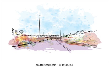 Building view with landmark of Barrie is a city and manifesting regional centre in Canada. Watercolor splash with hand drawn sketch illustration in vector.