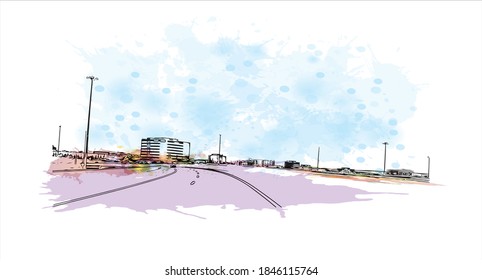 Building view with landmark of Barrie is a city and manifesting regional centre in Canada. Watercolor splash with hand drawn sketch illustration in vector.