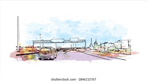 Building view with landmark of Barrie is a city and manifesting regional centre in Canada. Watercolor splash with hand drawn sketch illustration in vector.