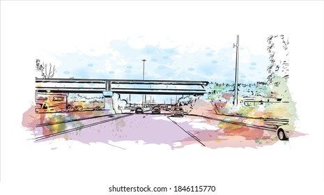Building view with landmark of Barrie is a city and manifesting regional centre in Canada. Watercolor splash with hand drawn sketch illustration in vector.