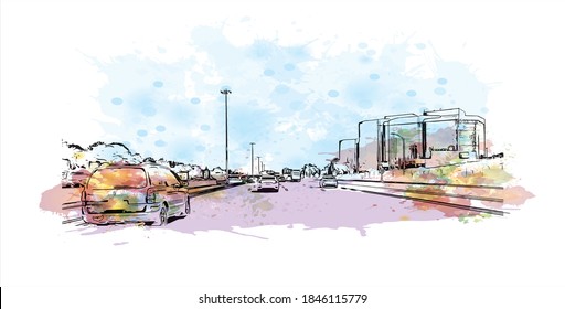 Building view with landmark of Barrie is a city and manifesting regional centre in Canada. Watercolor splash with hand drawn sketch illustration in vector.