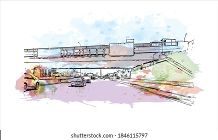 Building view with landmark of Barrie is a city and manifesting regional centre in Canada. Watercolor splash with hand drawn sketch illustration in vector.