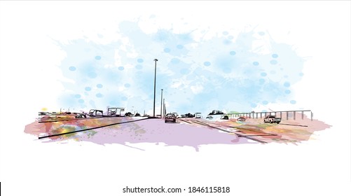 Building view with landmark of Barrie is a city and manifesting regional centre in Canada. Watercolor splash with hand drawn sketch illustration in vector.