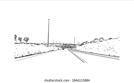 Building view with landmark of Barrie is a city and manifesting regional centre in Canada. Hand drawn sketch illustration in vector.