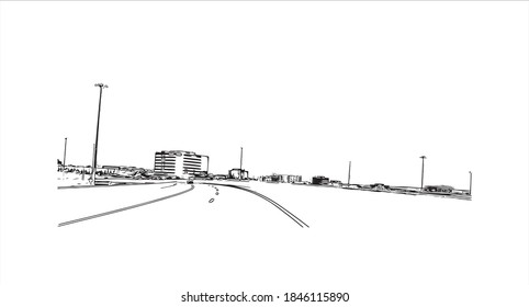 Building view with landmark of Barrie is a city and manifesting regional centre in Canada. Hand drawn sketch illustration in vector.