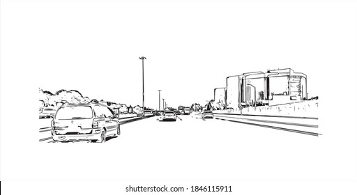 Building view with landmark of Barrie is a city and manifesting regional centre in Canada. Hand drawn sketch illustration in vector.